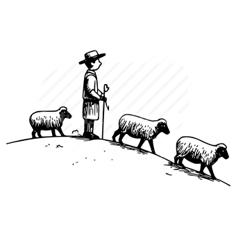 shepherd, sheep, winter, landscape, silhouette, rural